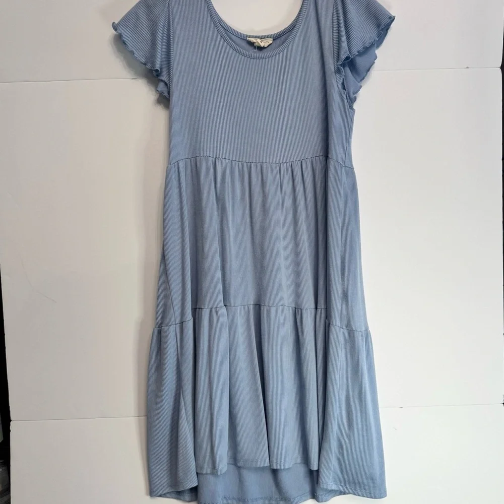 Blue Ribbed Tiered Flutter Sleeve Dress Size M